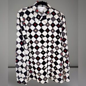 Jordan Woman Long Sleeve Button Up Blouse Black/White/Red Argyle Pattern Medium